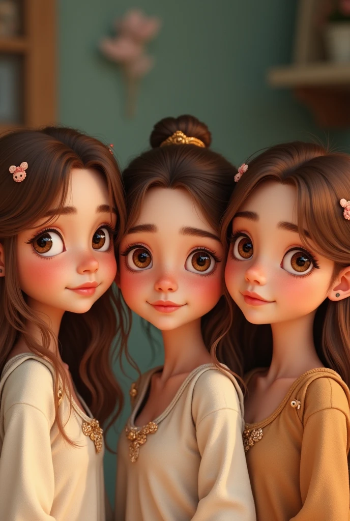 Italian teenage triplets with light brown hair and brown eyes with charms in their hair