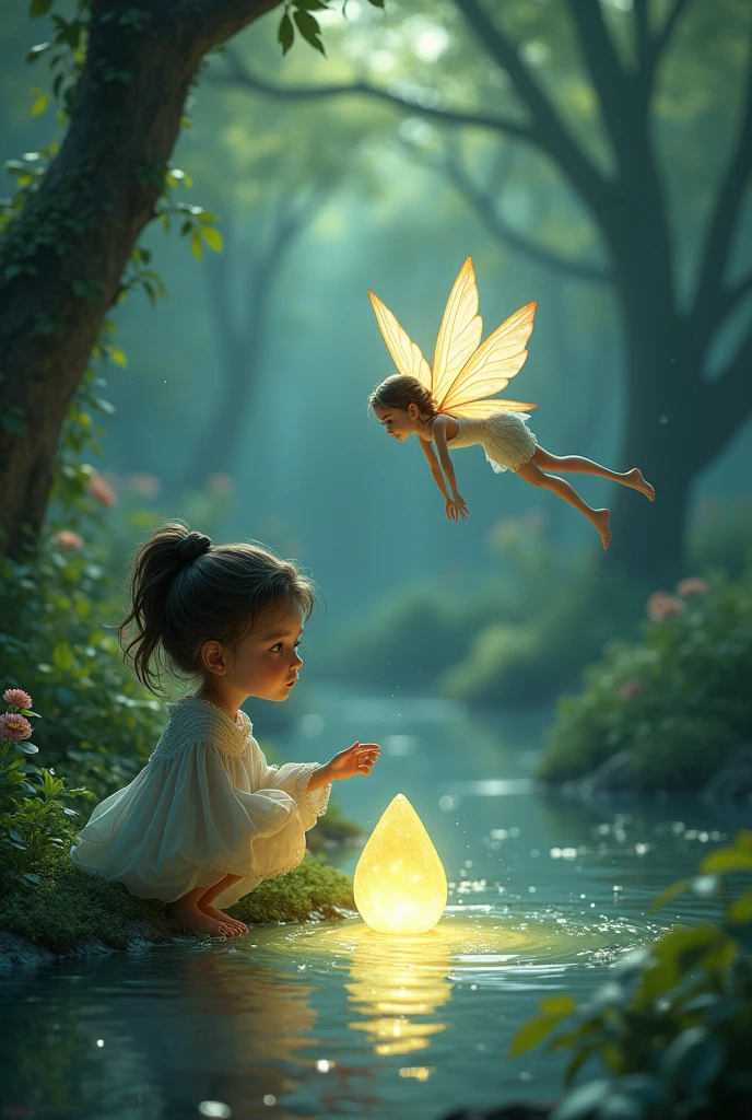 Noor Finds the Magical Stone:**
"Illustrate Noor as she stumbles upon a small, serene pond in the heart of the forest. By the pond’s edge lies a glowing, magical stone, which Noor bends down to pick up. Suddenly, a beautiful fairy with radiant wings appears, smiling warmly at Noor. The fairy hovers above the pond, surrounded by shimmering light, offering Noor guidance and the magical stone."