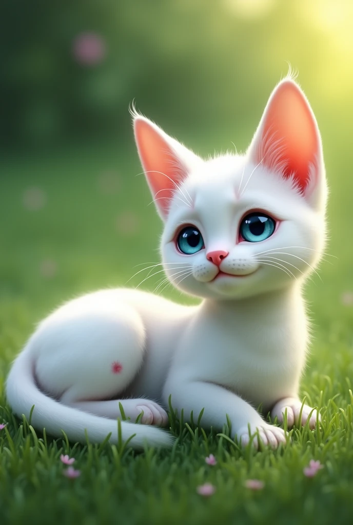 A white cat with blue eyes with short fur with its left hind paw amputated lying on the grass 