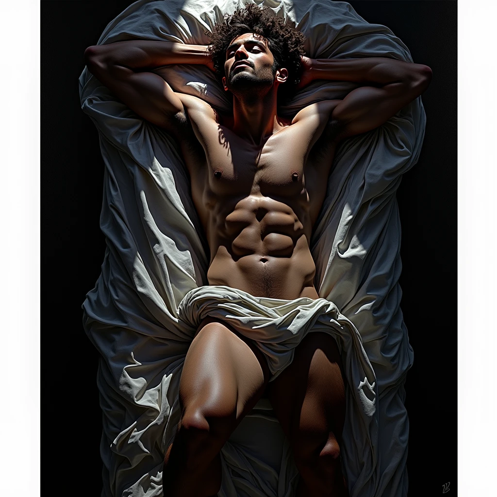 chiaroscuro technique on sensual illustration of an arafed man resting in white blanket, sexy masculine, model with attractive body, inspired by Ludovit Fulla, mid-shot of a hunky, the model draped in flowing, thick oil painting by Harumi Hironaka, extremely soft colors, vibrant, highly detailed, malcolm liepke painting, oil on canvas, high contrast, dramatic, refined, tonal, Create high contrast between light and shadow by Leon Polk Smith, memphis abstract minimal art, graphic shapes, minimal art, blue and red, minimal art style, bauhaus art, inspired by El Lissitzky, bold simple shapes, shadow