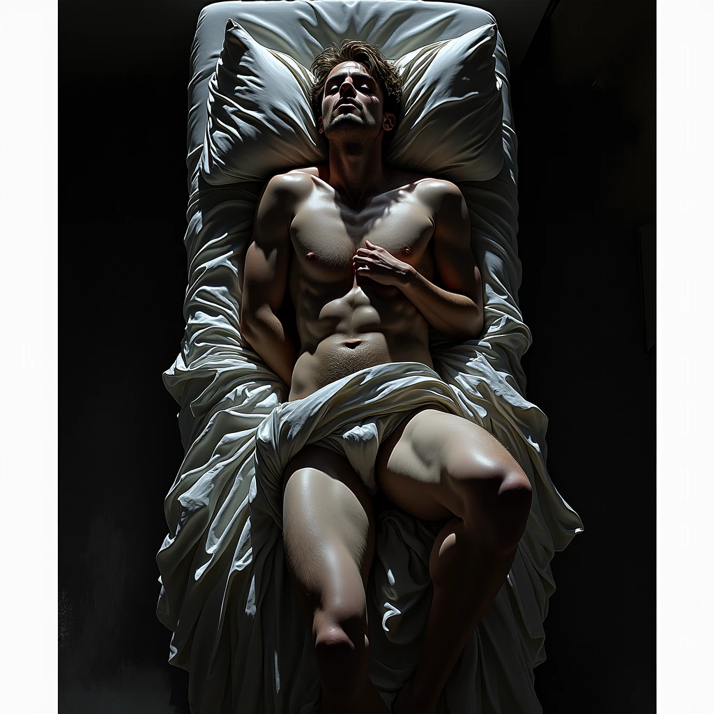 chiaroscuro technique on sensual illustration of an arafed man resting in white blanket, sexy masculine, model with attractive body, inspired by Ludovit Fulla, mid-shot of a hunky, the model draped in flowing, thick oil painting by Harumi Hironaka, extremely soft colors, vibrant, highly detailed, malcolm liepke painting, oil on canvas, high contrast, dramatic, refined, tonal, Create high contrast between light and shadow by Leon Polk Smith, memphis abstract minimal art, graphic shapes, minimal art, blue and red, minimal art style, bauhaus art, inspired by El Lissitzky, bold simple shapes, shadow