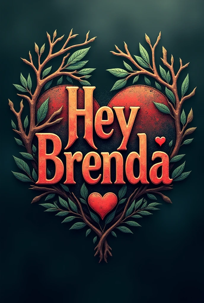 Create the logo of a Rock band inspired by The Beatles called Hey Brenda with a darker but lively style without members in the image, with a heart in the letters and branches decorating the logo