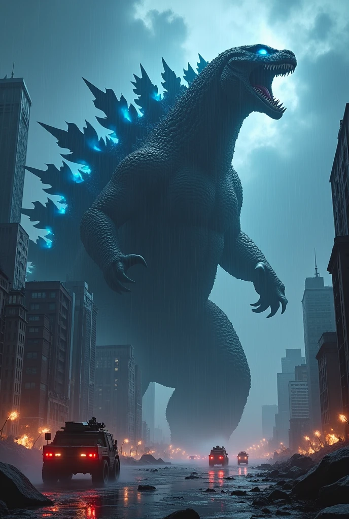 A colossal kaijuu, reminiscent of Godzilla, dominates the cityscape in a torrential rainstorm. Its massive form looms over skyscrapers, with glowing blue eyes piercing through the dark sky. Sharp teeth glisten as its open mouth unleashes a deafening roar, showcasing glowing eyes and scales that shimmer in the dim light. Claws tear through buildings as military vehicles and fighter jets attempt to combat the towering monster. The scene is one of destruction and chaos, with the cityscape aflame and the monster's tail whipping through the air, as the glow from its body illuminates the dark, ominous clouds above.