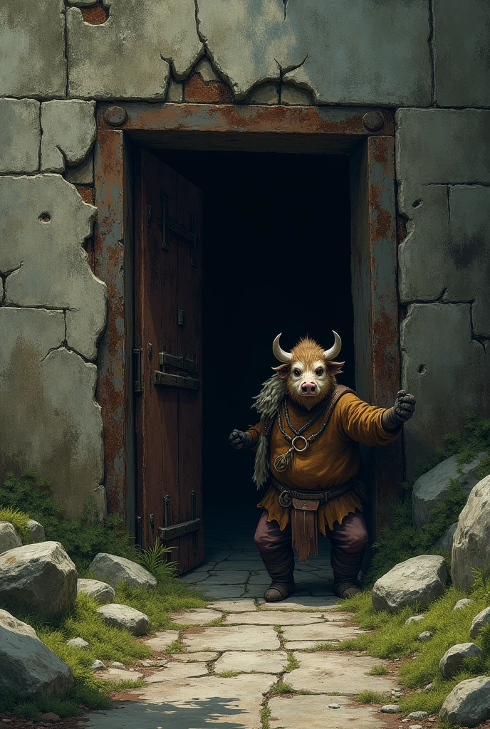 ### Scene 2: The Entrance
- **Setting**: The entrance is hidden in the oldest part of Ironclad, behind a crumbling, moss-covered wall. The air is thick with oil and rust as Hog opens the rusted door.
- **Action**: Hog pries open the door to reveal a dark tunnel sloping downward.