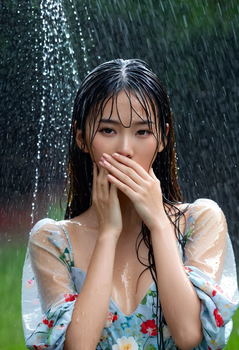 she likes to be very wet a high-resolution image capturing a young model with long, straight, wet hair covering her face under a Strom rain
with a water hose. the obscured face emits a cute, youthful vibe reminiscent of a 1 actress/model year 16 asian. she adorns an elegant, voluminous gala dress with a floral pattern and voluminous sleeves,