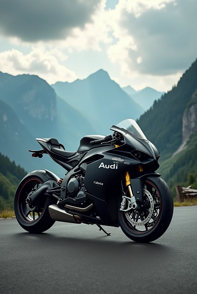 (Custom Sport Bike "AUDI"), (word "AUDI" in large letters below, in the center of the photo), Commercial photo shoot, epic landscapes all around..., Highly Detailed Features, Insanely ultra realistic, insanely photo realistic, Insanely high overall quality, insanely high detail, insanely high overall resolution, Insanely high overall sharpness, Insanely high overall quality текстур,