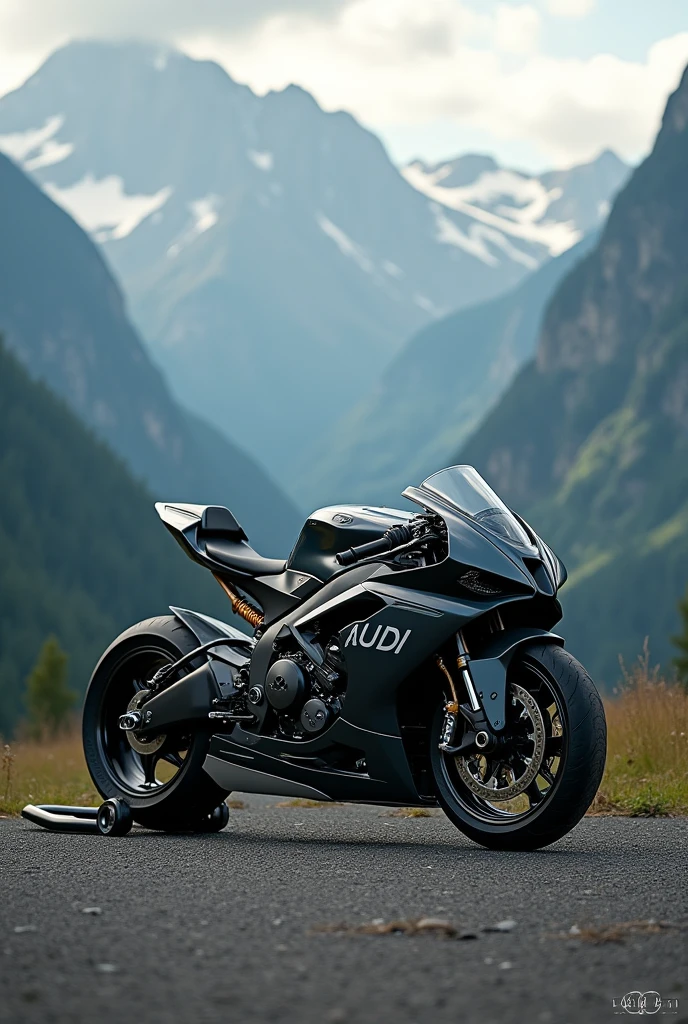 (Custom Sport Bike "AUDI"), (word "AUDI" in large letters below, in the center of the photo), Commercial photo shoot, epic landscapes all around...,  Highly Detailed Features, Insanely ultra realistic, insanely photo realistic, Insanely high overall quality, insanely high detail, insanely high overall resolution, Insanely high overall sharpness, Insanely high overall quality текстур,