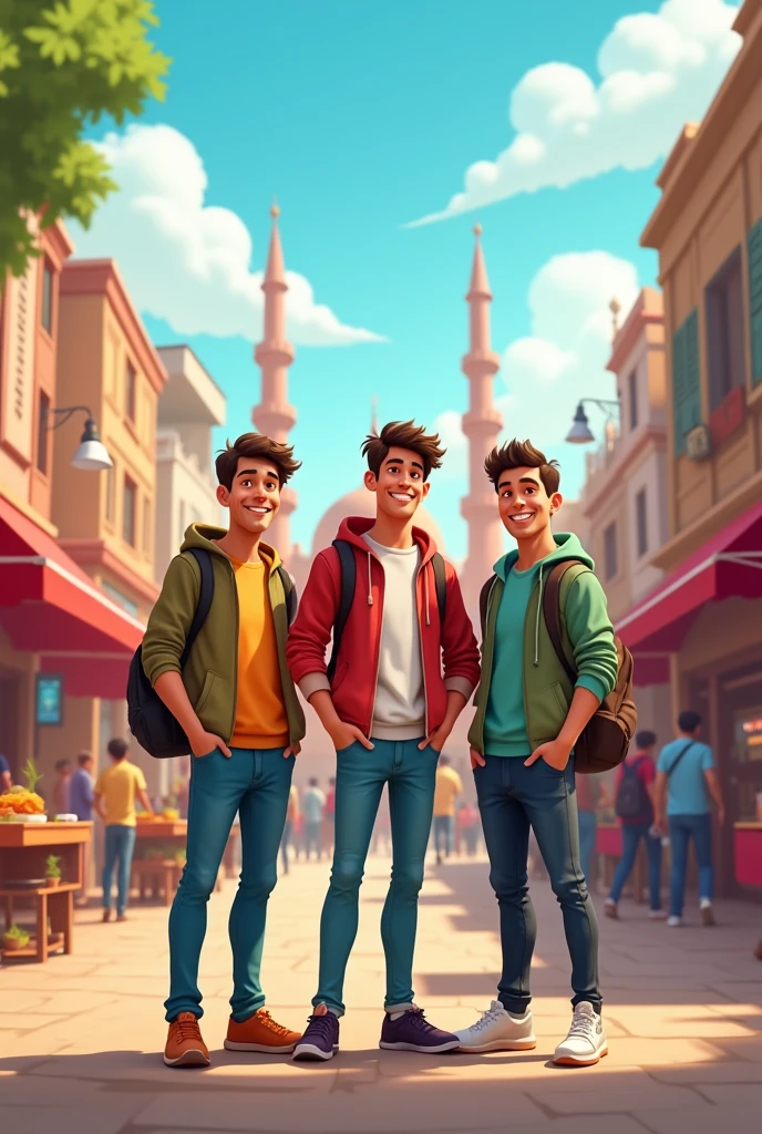 Three male food vloger age 1 without beard stand in Lahore animation pic