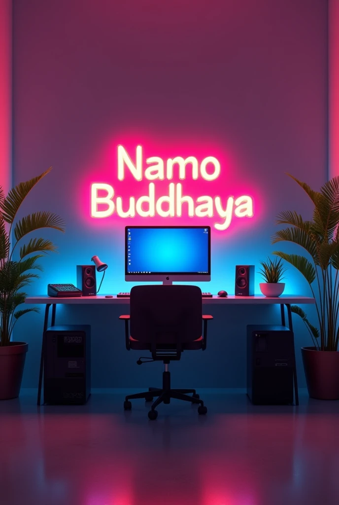 create a studio room with computer setup inside, on the wall behind as a brigh neon glowing text says NAMO BUDDHAY un| Tab