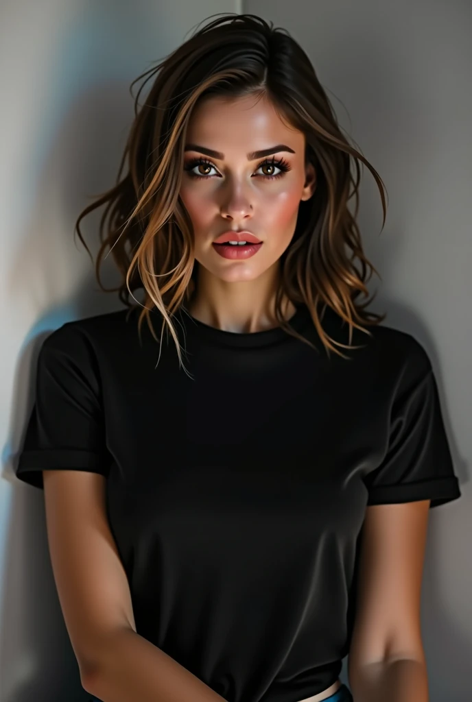 A women who set black t shirt in camera pose