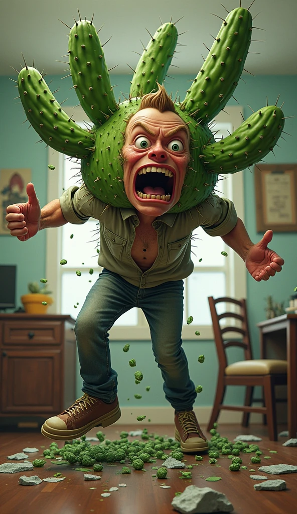 Create an exaggerated scene of a person suffering from “Cactus Skin Anomaly,” where their skin sporadically sprouts oversized, vibrant green cactus spines that unpredictably appear and disappear. The person is in complete chaos—shirt shredded, furniture around them punctured, and their face showing utter frustration and desperation. Imagine them trying to drink water but the glass shatters in their hand, or they accidentally pop their car’s airbag while driving. Highlight their exasperated expressions, wild eyes, and clenched teeth as they struggle with the ridiculousness of their condition, teetering on the edge of madness. The atmosphere should be humorous yet showcase the absurd desperation of dealing with an uncontrollable, exaggerated disorder.
