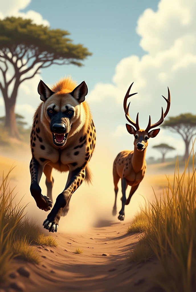 The hyena chasing after the deer