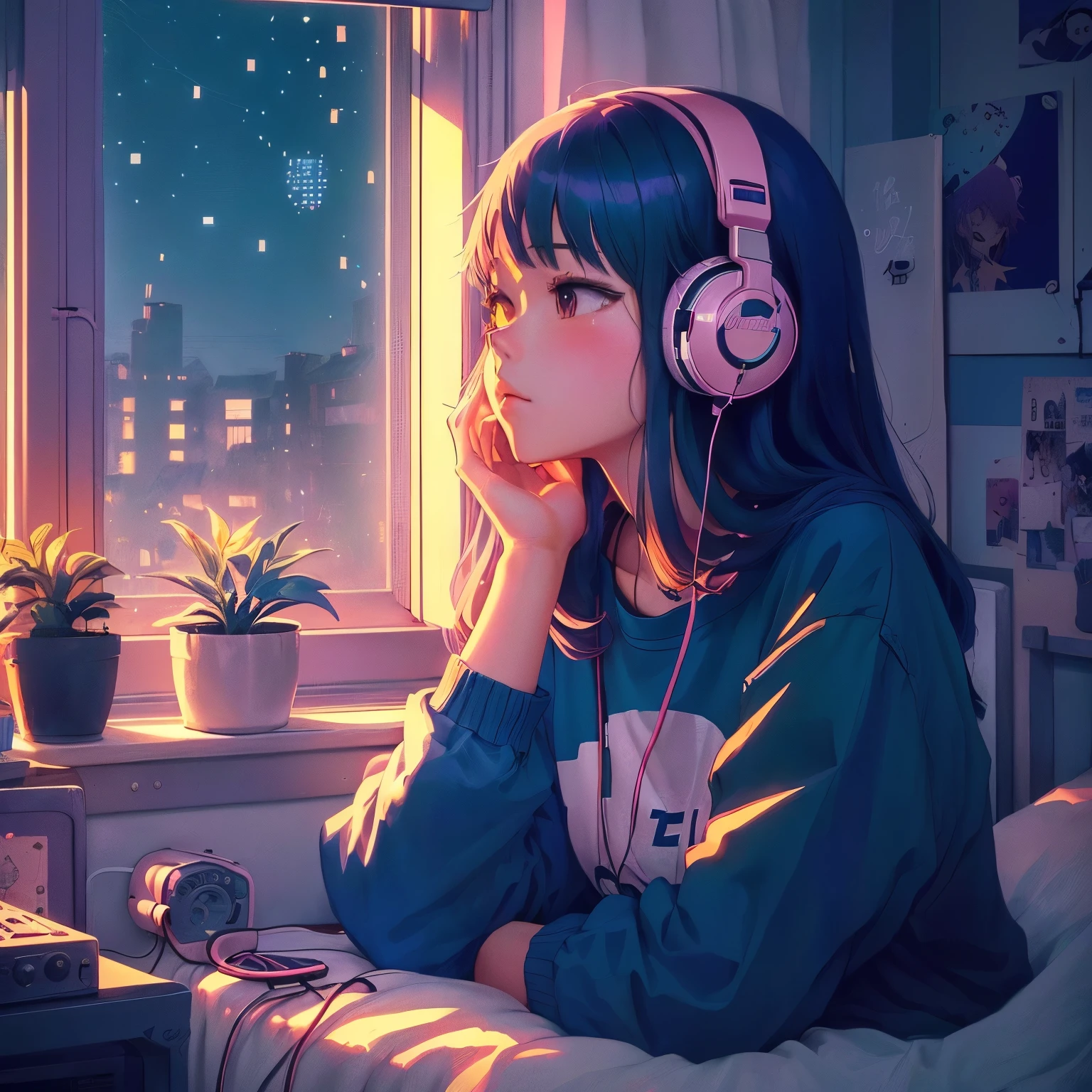 anime girl listening to music in her bedroom with a window, lofi girl, lofi portrait, lofi artstyle, lofi art, anime vibes, lofi portrait at a window, lofi girl aesthetic, lofi vibes, anime style 4 k, lo-fi art, anime aesthetic, lofi feel, lofi vibe, lofi