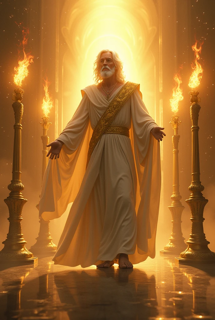The vision of the son of man. Seven golden candlesticks and, standing between them, there was someone like the Son of Man. He wore a long cloak, with a gold band across his chest. The head and hair white as wool and snow, and the eyes, like flames of fire. The feet were like burnished bronze, refined in a furnace, and the voice resounded like strong waves of the sea. In his right hand he had seven stars, and from his mouth came a sharp two-edged sword. The face shone like the sun in all its splendor.