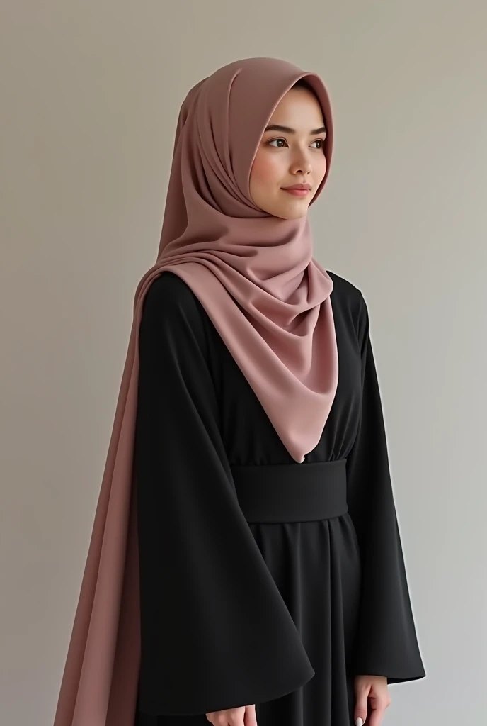 a woman with a black simple yet elegant design abaya with less lose sleeves with dusty pink hijab