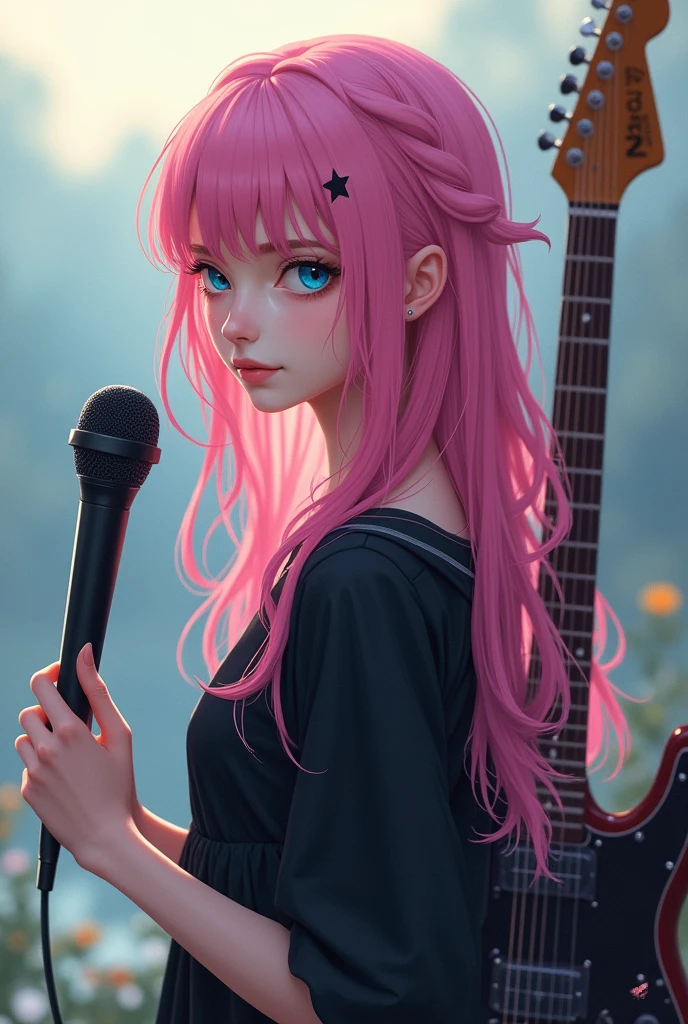 Woman with long pink hair, He is standing with his back turned with a microphone in his hand and his face in profile, On the back of her back she has an electric guitar and her dress is black, 20 year old woman with sweet face, blue eyes, she close and background scenery