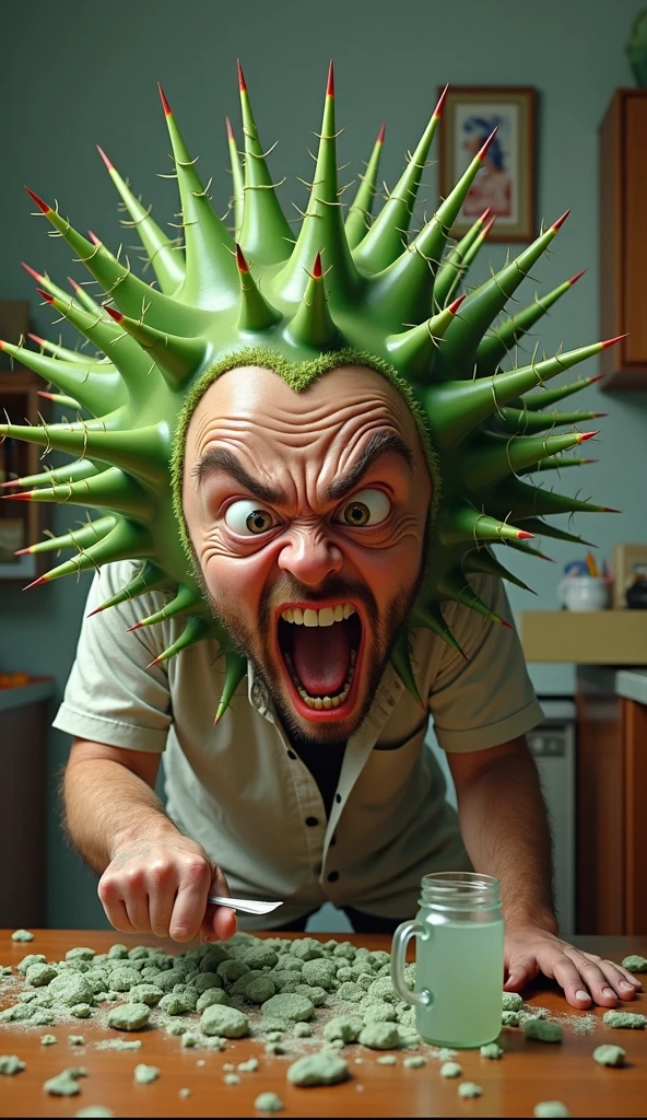 Create an exaggerated scene of a person suffering from “Cactus Skin Anomaly,” where their skin sporadically sprouts oversized, vibrant green cactus spines that unpredictably appear and disappear. The person is in complete chaos—shirt shredded, furniture around them punctured, and their face showing utter frustration and desperation. Imagine them trying to drink water but the glass shatters in their hand, or they accidentally pop their car’s airbag while driving. Highlight their exasperated expressions, wild eyes, and clenched teeth as they struggle with the ridiculousness of their condition, teetering on the edge of madness. The atmosphere should be humorous yet showcase the absurd desperation of dealing with an uncontrollable, exaggerated disorder.