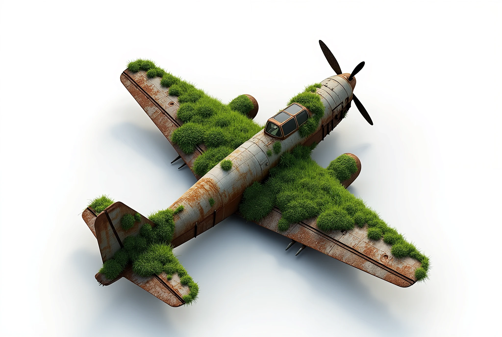 Aerial view of a rusty airplane covered in moss, total white background, complex and realistic details, image for reference model composition, 3D presentation thumbnail. unreal engineer Iray rendering NVIDIA RTX 3060, global lighting studio,