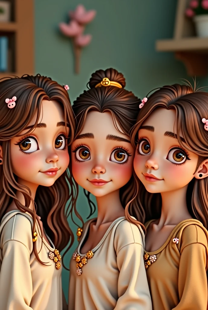 Italian  teenage triplets with light brown hair and brown eyes with charms in their hair 

