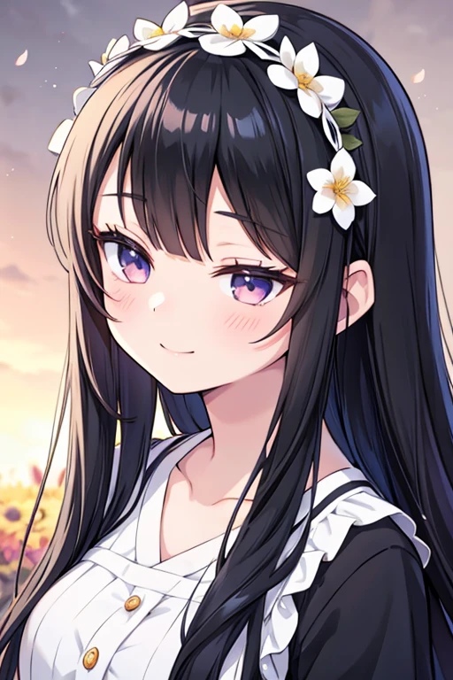 Anime girl with long black hair wearing a white shirt and a flower crown, Beautiful anime portraits, Stunning Anime Face Portraits, Beautiful Anime Girls, Cute realistic portrait, Detailed portrait of an anime girl, Anime Girl Portrait, Realistic Anime 3D Style, realistic Young Anime Girl, Realistic anime art style, Young Anime Girl, Anime realism style, Realistic anime art style ,smile, meditation, Half-closed eyes, Flower field around the girl