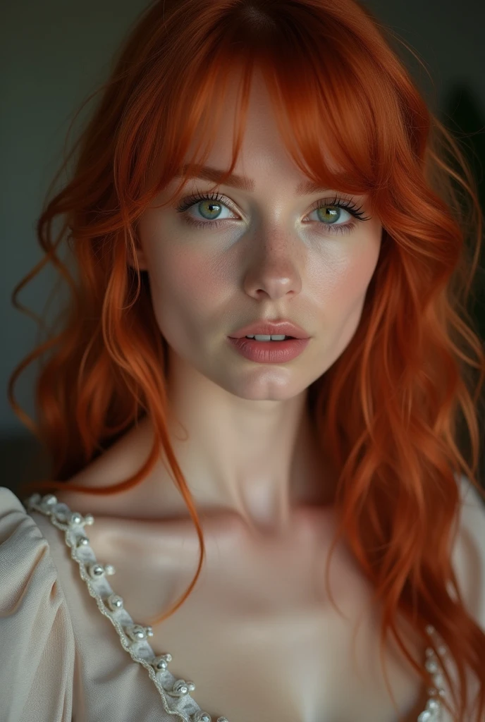 instagram picture, Close-up headshot of the most beautiful redheaded woman you know, nya, Fission, pale skin, (sorrido:0.4), hard shadows, best qualityer, work-πrhyme, ultra high resolution, (photorealestic:1.4), Foto RAW, 1girls, ((nya)), ((large breasted)), cool light, big booty, NSFW, posing on bed, girl, Showing legs, Temari,