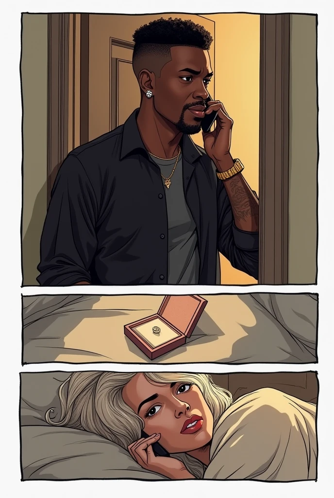 three-part comic book:
in the first part a black man with short hair shaved on the sides, diamond earrings in the ears, with black shirt, brown eye color. very dark espresso skin color. wide nose, big lips, is standing leaning against the door frame, in a call.
in the second part there is a little box with a ring on top of the bed.
in the third part a white woman with wavy hair, is lying in bed on the phone