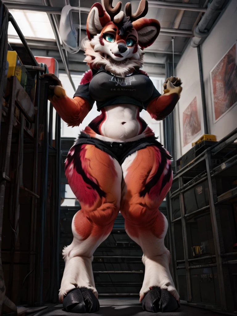 masterpiece,highly detailed,8k resolution,solo,ultra detailed perfect piece,masterpiece,extremely detailed CG 8k,very fine 8K CG,best quality,absurdres,zoomed out view,full body view, full length portrait,((anthro)), 8k, 4k, 2k, detailed, intricate, (female), ((solo)), ((detailed fur)),Perfect Anatomy
Detailed background,in an office building,filming background,greenscreen,cameras at different angles and such
Realistic,fursuit,animal focus, nudefursuit, reindeer fursuit,red fursuit with white underbelly,white antlers,black hoofs for feet, regular hands but with black finger tips for the hooves, a black nose on the reindeer head,a 5ft 3in tall girl with a curvy hourglass body,having D cup sized breasts and thick thighs, with, military dog tags with the words “Cuddles” engraved on it to show off as a mascot with a tan t-shirt with “STAG” on it and black short shorts
The fursuit must be red with white underbelly colors,the suit’s eyes color is only golden yellow,the finger tips nose and hooves must be black colors only