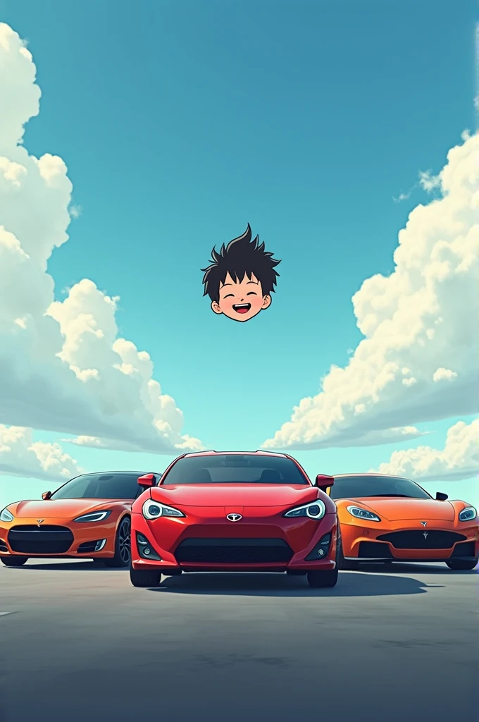 Panoeamic view. Three cars (a Lamborghini Avantador, a Tesla and A Bughatti Veyron) with a five year old boy in a Nobita hairdo appearing in the sky (head only), giggling in breaking four walls setting.