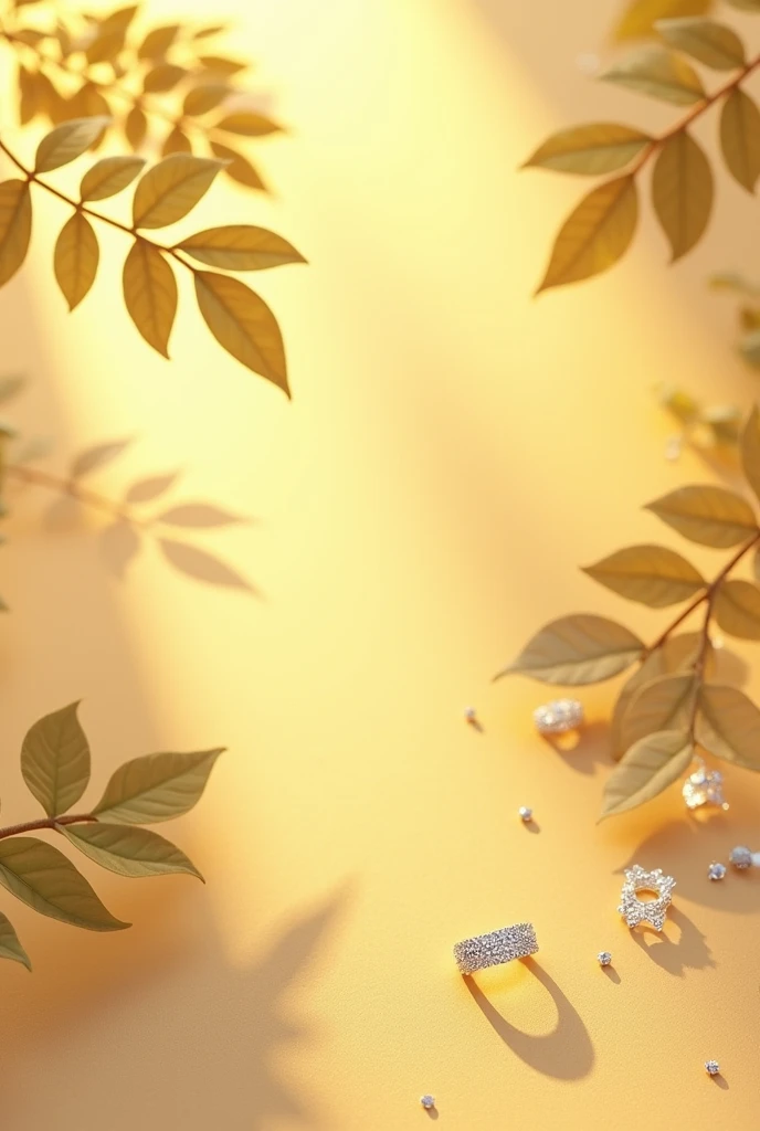 A golden background with subtle texture and the leaves are positioned on the upper left corner and the bottom right corner and some crystals are placed on the bottom right corner with the leaves and the size of crystals and leaves should be small in size and must be the space for placing my jewelry