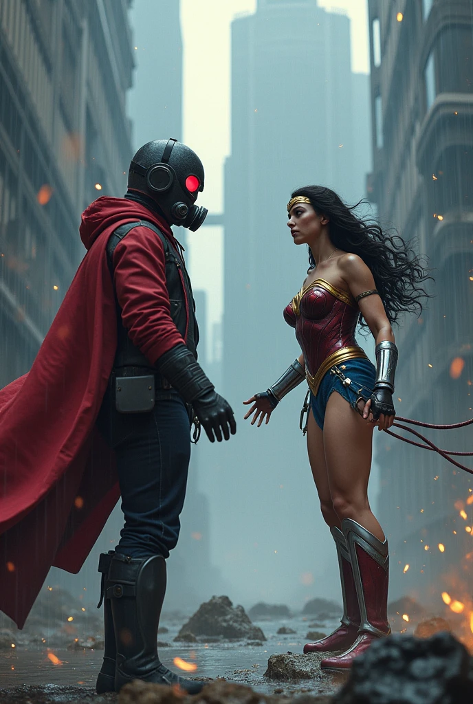Young Star-lord with red hoodie, headphones, star-lord helmet on head, gas helmet, covered mouth, round red eyes, Red eyes, magic rings in the hands and rocket boots, Vs. Wonder woman (Big tits), Fighting, power, fiction, full body, 2 person, magic lasso, flying in the sky, hight, fall, touching rear, fire in boots