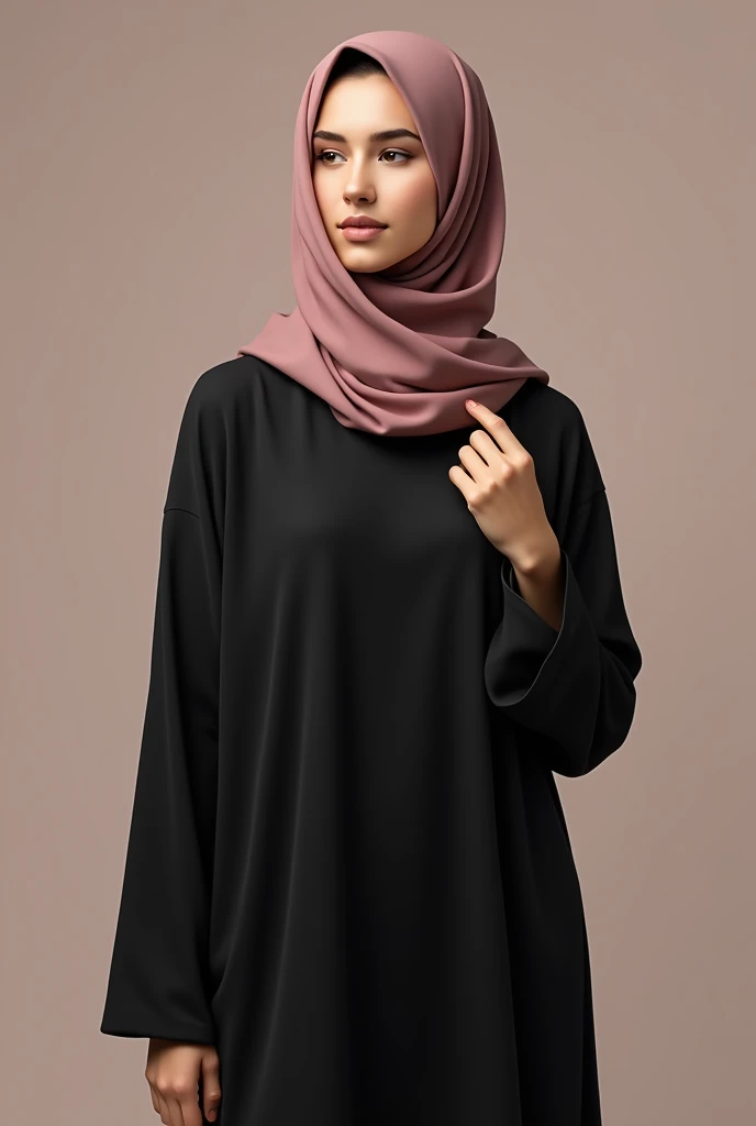 a woman with a black simple yet elegant design abaya with less lose sleeves with dusty pink hijab without belt