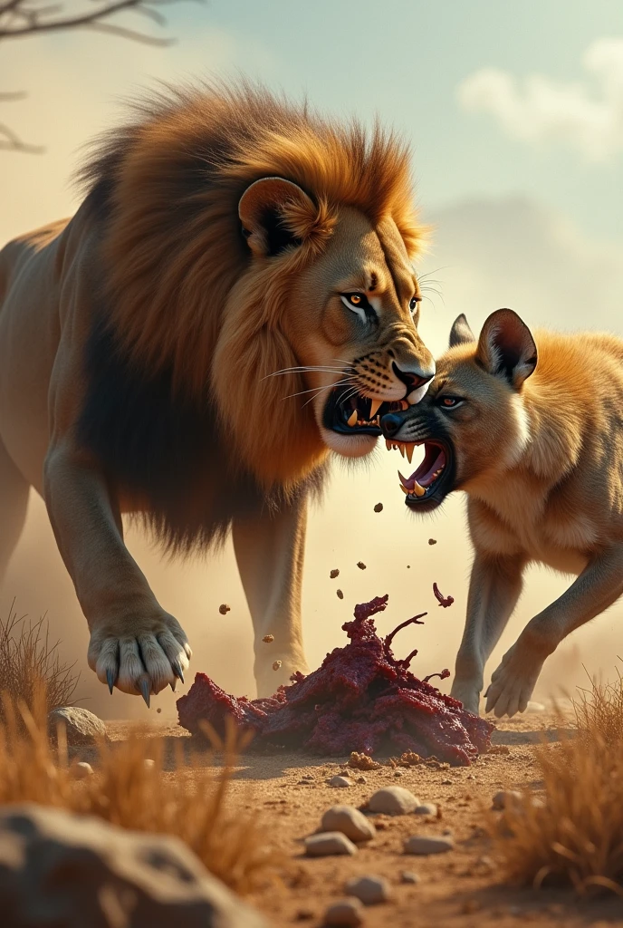A lion and a hyena fighting over food