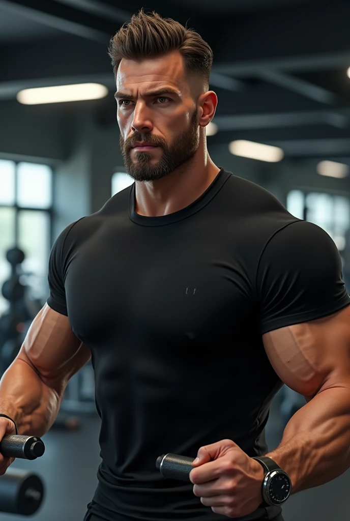 Semi-muscle man at the gym wearing a black round neck polo shirt, Please make sure the neck is round, not a shirt neck.