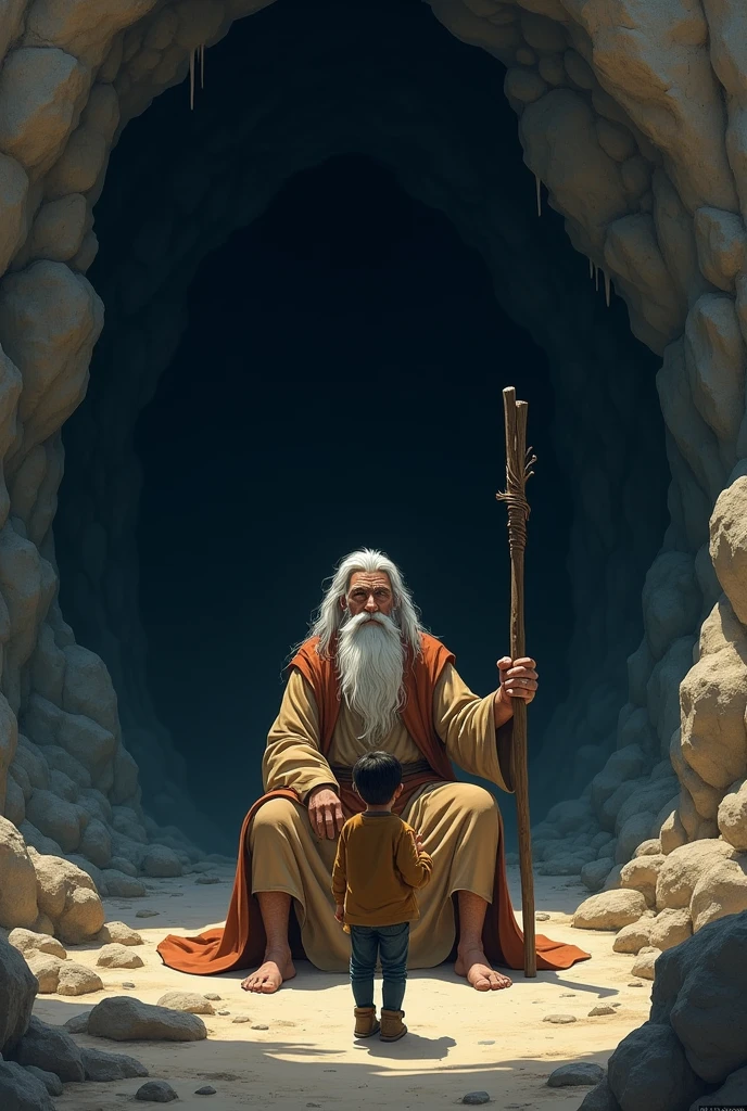 Illustrate Noor meeting an old sage near the entrance of a dark cave. The sage, with a long beard and weathered robes, sits calmly near the cave's entrance. He holds a staff and gazes at Noor with wisdom in his eyes. The cave behind him seems menacing and dark, with strange echoes emanating from within. Noor stands before him, ready to face the tests he speaks of."