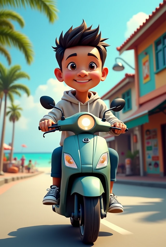 a 4D caricature of Indonesian man with short hair, wearing a hoodie and sneakers, riding an automatic scooter near a beach Indonesian street background, hyper-reallistic, high contrast, high color effect, 8K, detail, focus