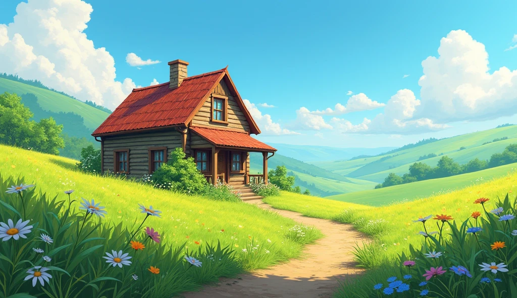 a small country house surrounded by beautiful fields, realistic, high definition