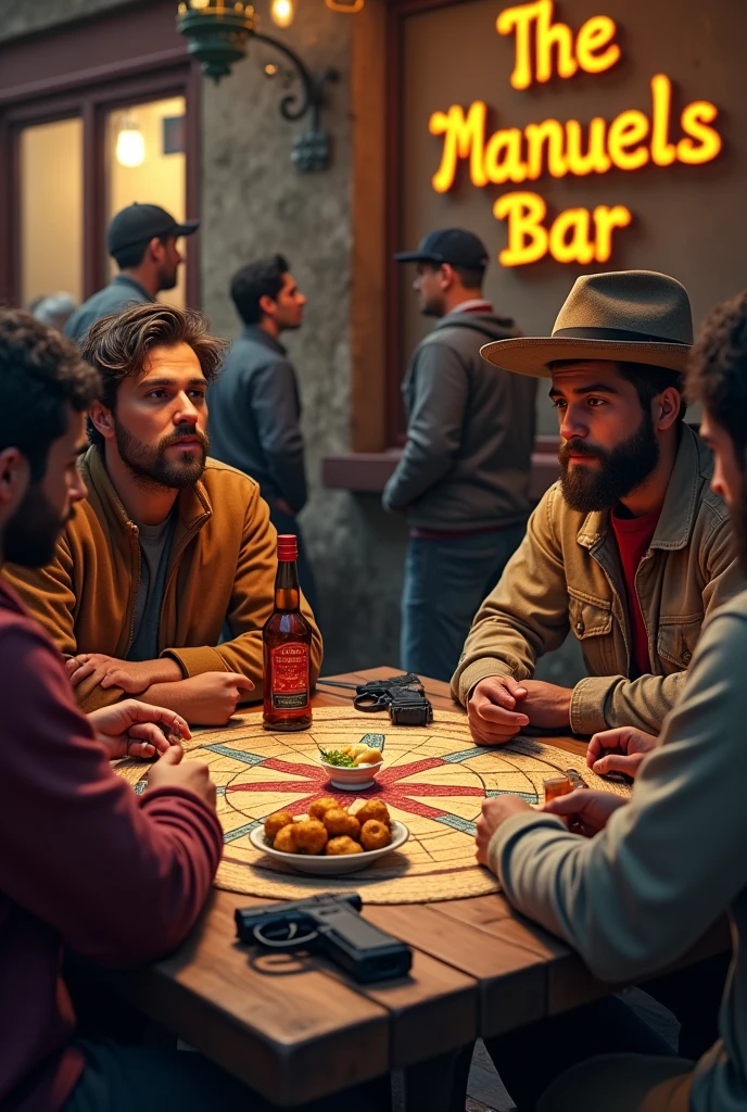 imagen  REALISTA de un bar llamado THE MANUELS BAR 
CON JOVENES GITANOS ESPAÑOLES DE PIEL ALGO OSCURA. HAand 4 JOVENES  QUE JUEGAN AL (PARCHIS) in a table. 1 DE ELLOS CON BARBAR and OTRO CON UN SOMBRERO ANDALUZ,IN THE BACKGROUND OF THE IMAGE YOU CAN SEE SOME YOUNG PEOPLE STANDING. and EL CARTEL DEL BAR.(THE MANUELS BAR)
EN LA MESA HAand UNA BOTELLA DE WHISKand  RED LABEL, TAPAS DE PAPAS and ALITAS DE POLLO, and (4 MODERN WEAPONSPISTOLS)