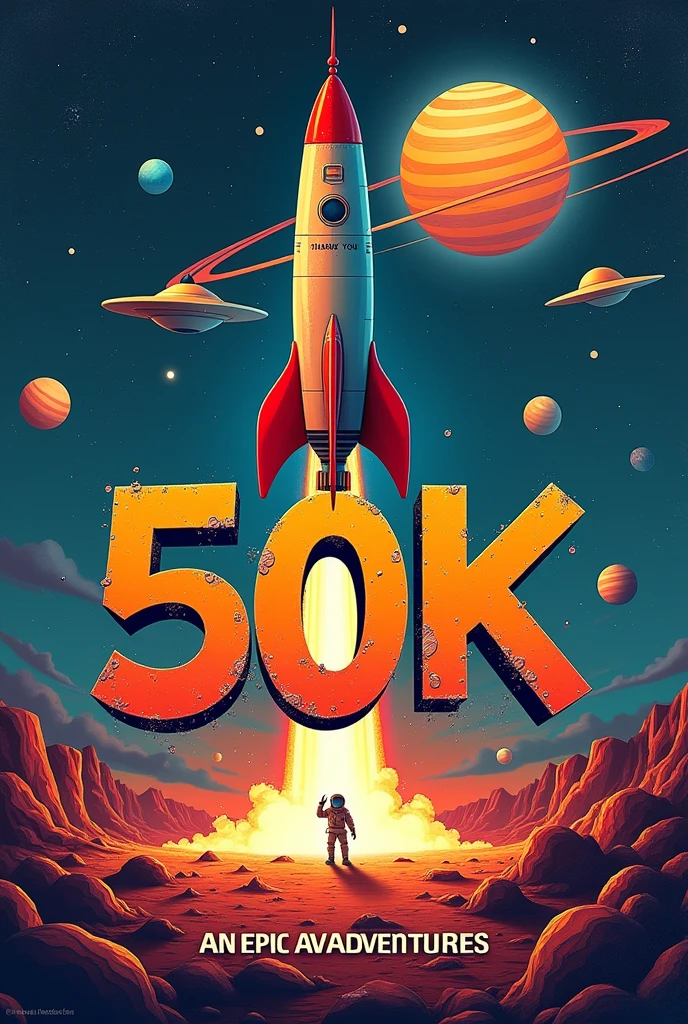 A design poster, (graffiti art, metallic letters, poster saying "50K"). Another medium text saying "OBRIGADO", "THANK YOU", "GRACIAS"). It features a classic rocket ship launching from an alien landscape with flying saucers, astronaut, and a ringed colorful planet in the background. The title is in bold, graffiti style typography with a catchy tagline, "An Epic Adventure". Text saying "GUSTAVO YABAI"