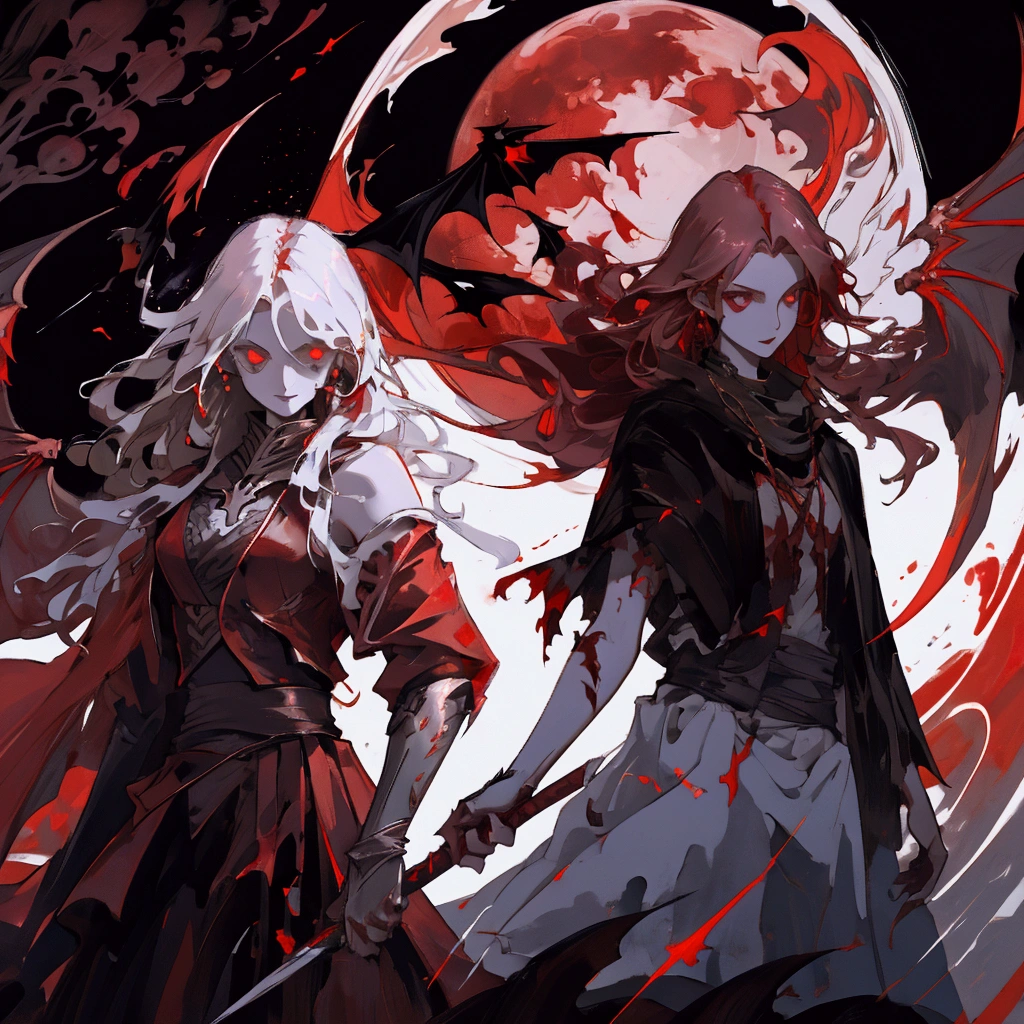 Blood Red Moon, Silhouette of A Person, Floating In A Distance, Evil Expression, Vampire Wings, Blood On The Ground, Corpses On Ground, Glowing White Spear Held On Left Hand Positioned on Hip, Skull Held On Right Hand, 4k, Masterpiece