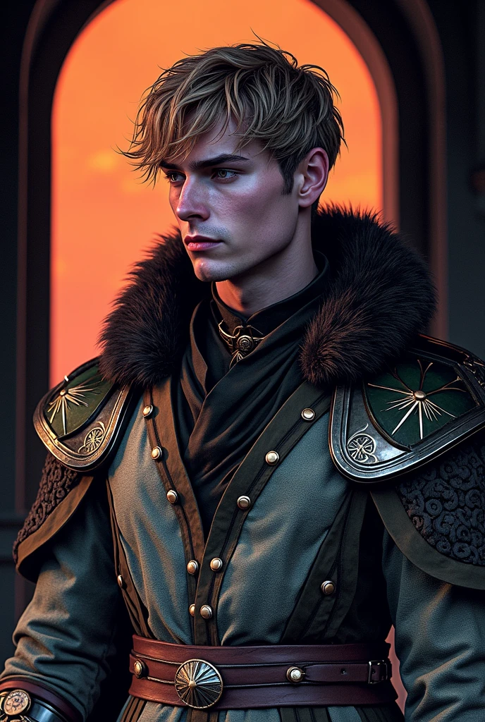 a prince with golden blonde hair, wearing a moss green medieval military outfit, looking forward with piercing emerald green gaze, full body, art by Greg Rutkowski, hyper realistic, cinematic lighting, highly detailed, award winning digital art, stunning, epic, dramatic, masterpiece, 8K, photorealistic, volumetric lighting, atmospheric, moody, dramatic, fantasy, concept art, digital painting, illustration