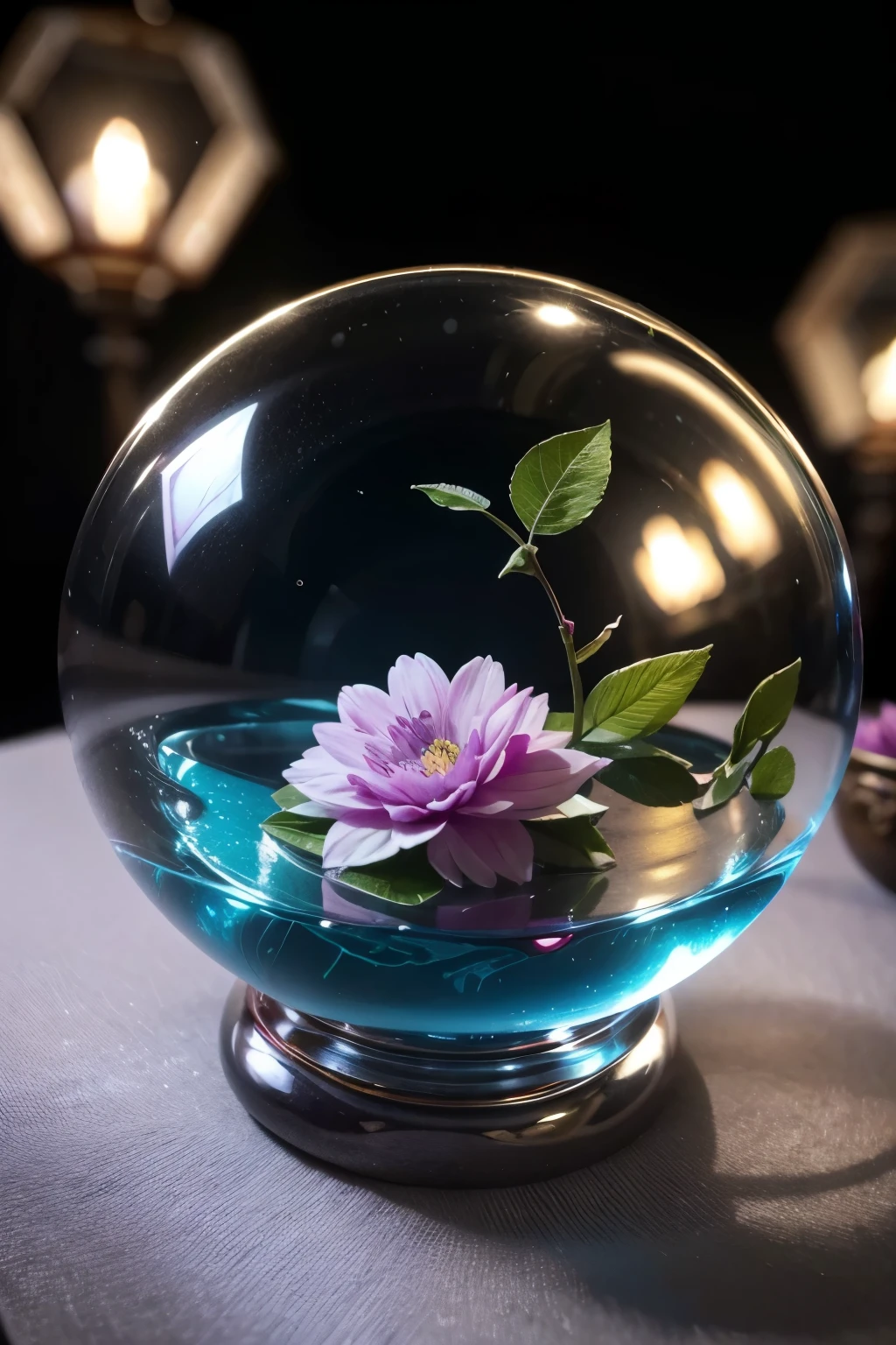 a close-up of a flower inside a crystal ball on a table. written the name "YULIANHA" letters of various colors