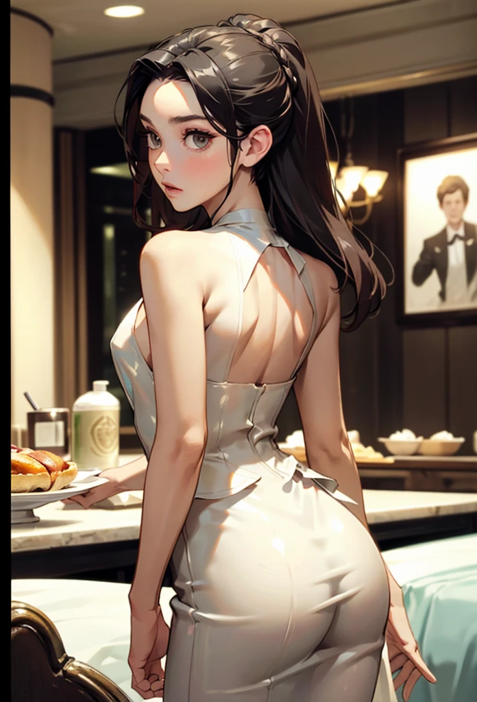 perfect eyes:1.2, detailed eyes:1.4, m0n1c4b-v2, long hair, hair pulled back, forehead, black hair, brown eyes, from behind, ass, looking back, restaurant, dr3ss, white dress, bare shoulders, latex, breasts, medium full shot, thigh-level shot, 1girl, solo, (masterpiece:1.6, best quality),