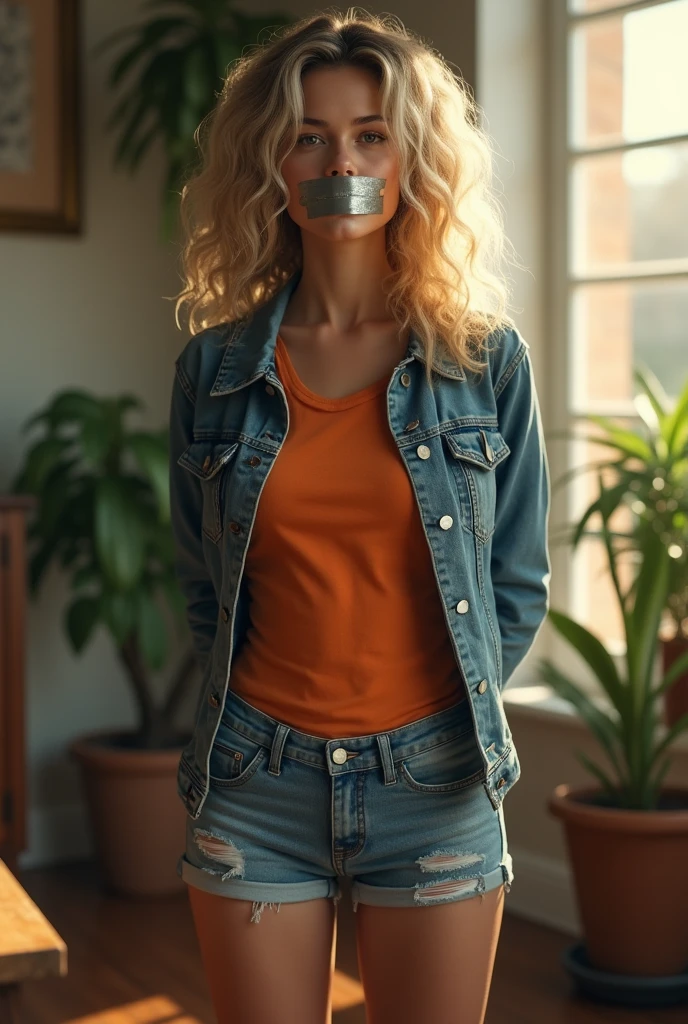 (photorealism:1.2), beautiful girl, standing, wearing denim jacket over orange t shirt, jean shorts, blonde curly hair, indoors, soft lighting, plants in background, window with sunlight, cozy room, hands taped behind her back, mouth taped shut, realistic, intricate details,