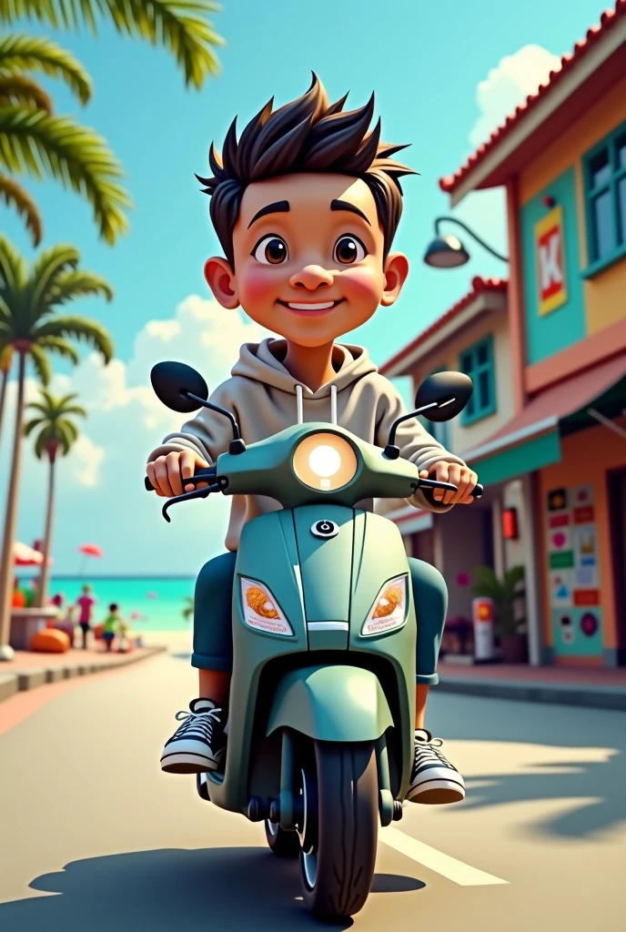 a 4D caricature of Indonesian man with short hair, wearing a hoodie and sneakers, riding an automatic scooter near a beach Indonesian street background, hyper-reallistic, high contrast, high color effect, 8K, detail, focus