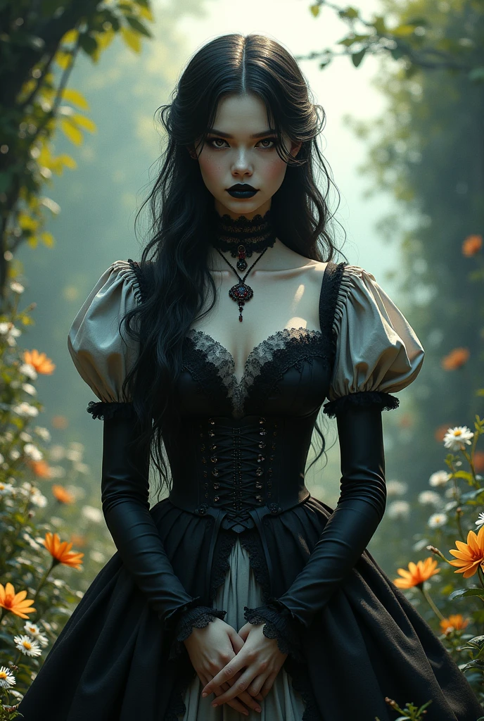(work of art:1.2), (best qualityer:1.2), perfects eyes, face perfect, perfect lighting, 1 girl, mature gothgal female standing with hands in front, long hair, intricate hairstyle, make up, black lips, thick eyelashes, Grieving, melancholy, wearing a gothic outfit, black and white dress, volantes, ribbons, puff sleeves, bared shoulders, lace choker, jewerly, peaceful, quiet, chilly, detailed external background, beautiful landscape, fancy, summer, bright sunny, sunburnt, flowers, Trees  