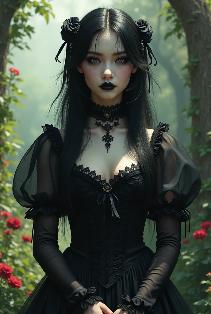 (work of art:1.2), (best qualityer:1.2), perfects eyes, face perfect, perfect lighting, 1 girl, mature gothgal female standing with hands in front, long hair, intricate hairstyle, make up, black lips, thick eyelashes, Grieving, melancholy, wearing a gothic outfit, black and white dress, volantes, ribbons, puff sleeves, bared shoulders, lace choker, jewerly, peaceful, quiet, chilly, detailed external background, beautiful landscape, fancy, summer, bright sunny, sunburnt, flowers, Trees  