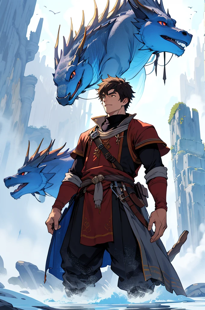 Draw a young man in a fantasy world, standing in the middle of'a forest continuing its training with bare chest ;auras of fire. Spectacular lighting from'Distant stars light up the scene, casting deep shadows on the costume. The young man went'confident and determined air, look at the'vast and mysterious forest with wonder and respect , Alone, Red Eyes, long hair, dark hair, Spark,