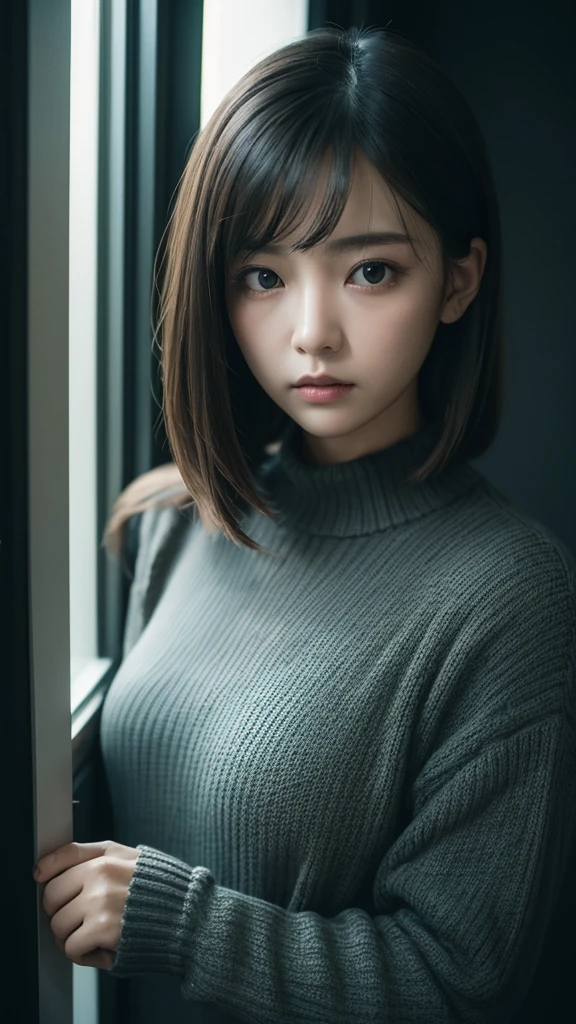 night、Dark Room、Woman with beautiful face、sweater、Lonely、Expressionless、Bodyline