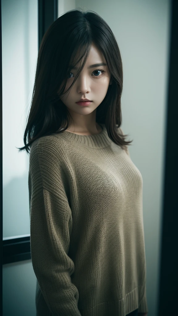 night、Dark Room、Woman with beautiful face、sweater、Lonely、Expressionless、Bodyline