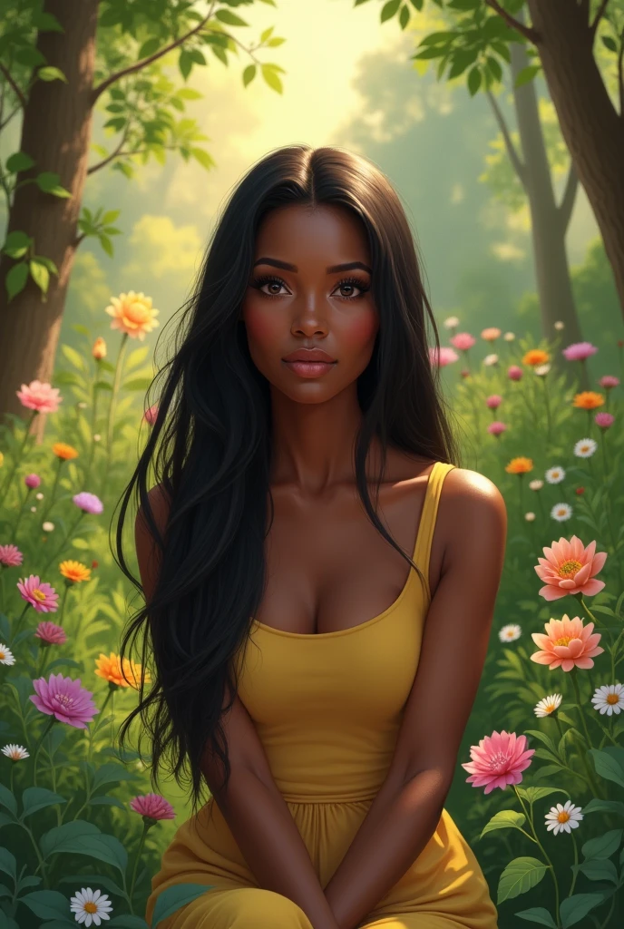 An African American woman with neutral skin tone and straight hair sits on a comfortable couch in a lush garden. She is facing the camera, allowing her face to be clearly seen from the front. The woman has a calm and confident expression. She is surrounded by vibrant greenery and colorful flowers. Soft natural light filters through the trees, highlighting her face and creating a serene and inviting atmosphere.